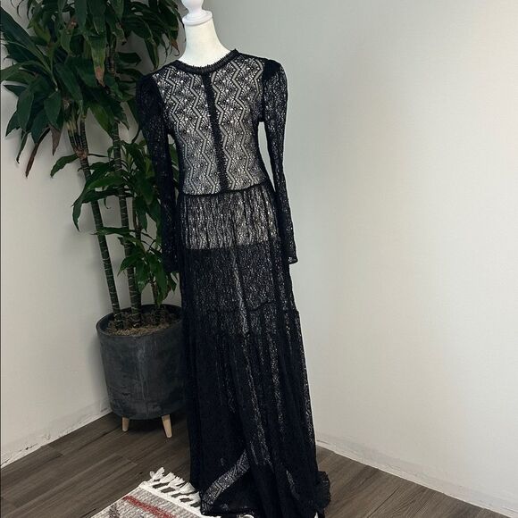 Rare Sabina Musayev Black Lace Maxi Dress Sheer, Long Sleeve, Boho Formal (S/M) - Picture 2 of 14